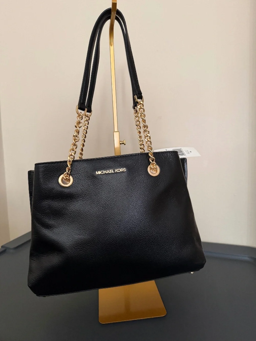 Michael Kors Teagan Large Leather Satchel Black Gold NW